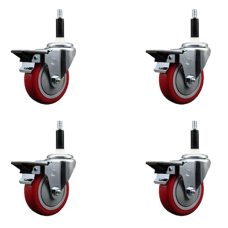 Service Caster 4'' Red Poly Swivel 7/8'' Expanding Stem Caster Set with Brake, 4PK SCC-EX20S414-PPUB-RED-PLB-78-4